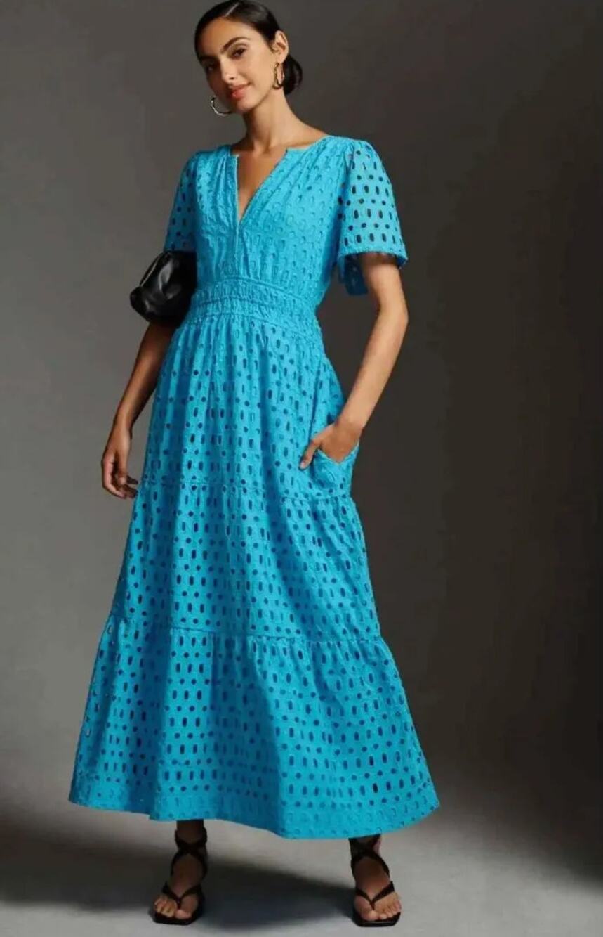 ANTHROPOLOGIE The Somerset Maxi Dress Eyelet Edition Blue Sz S NWT $168 {3K13}